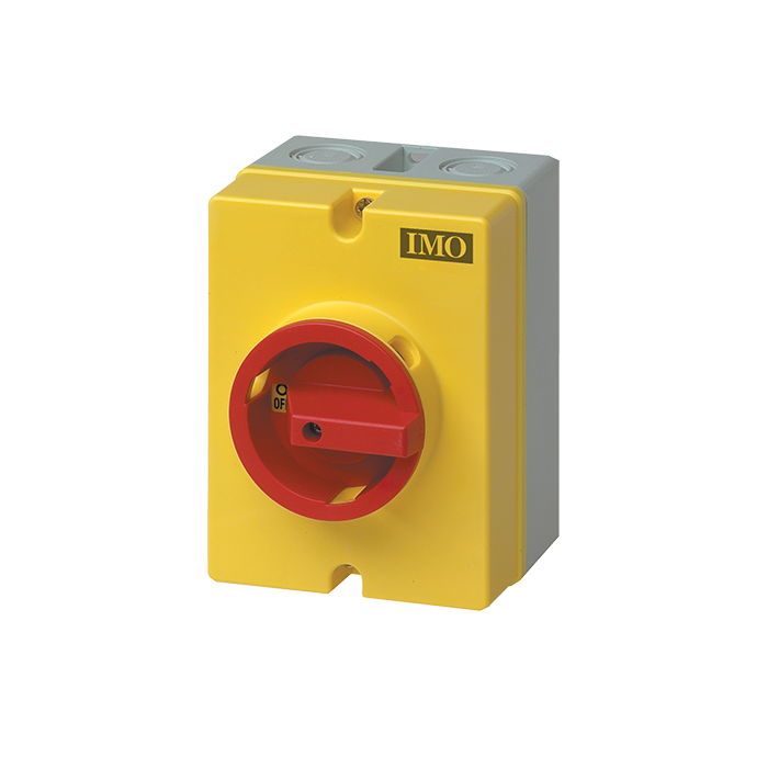 IMO Rapid Shut Down Initiator. 32A 600Vac 3P, Yellow Body with Red Rotary Switch. Lockable