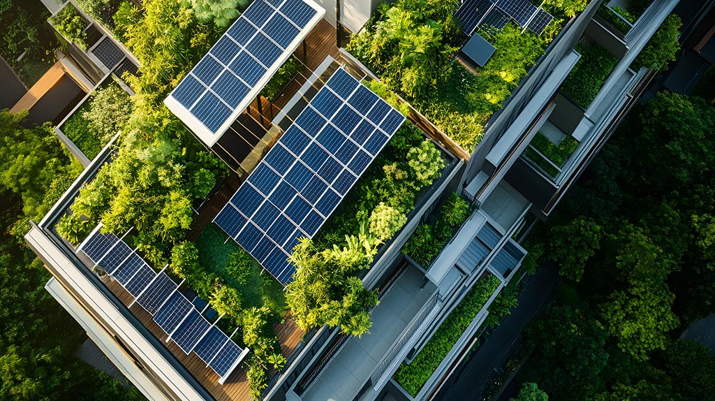 Architectural rooftop with solar panels and trees