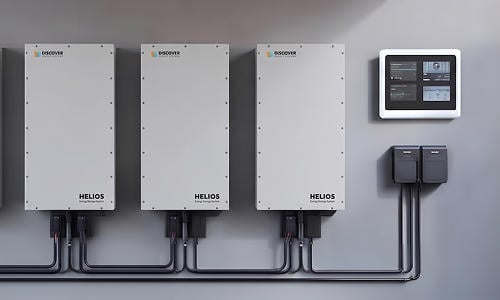 Discover HELIOS ESS battery storage Discover Energy Systems HELIOS ESS wall-mounted lithium battery storage system with energy monitoring panel