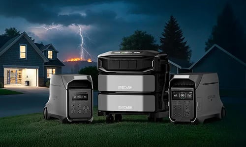 EcoFlow portable power stations and whole-home battery backup system keeping a home powered during a storm outage